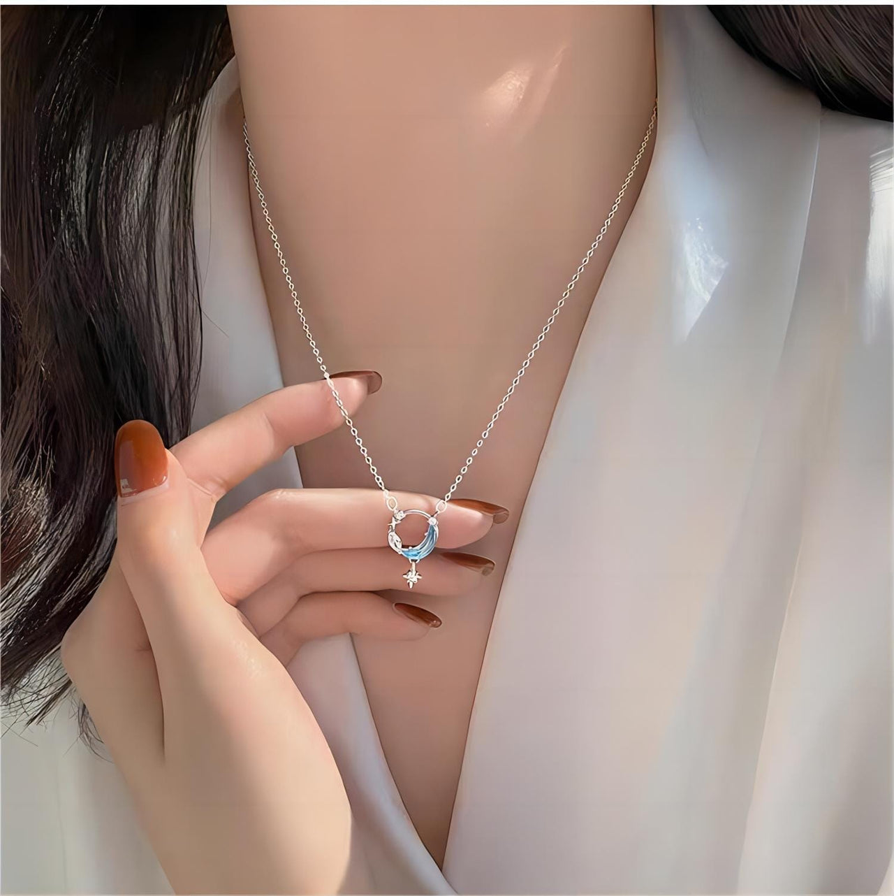 Dainty CZ Inlaid Turquoise Moon Phase Star Necklace - ArtGalleryZen