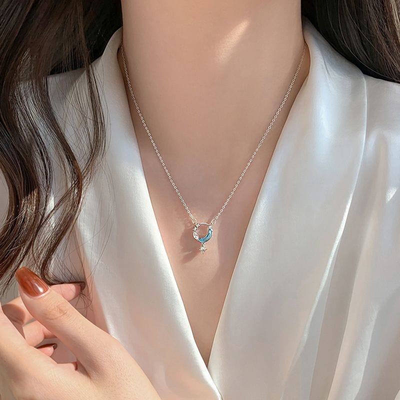 Dainty CZ Inlaid Turquoise Moon Phase Star Necklace - ArtGalleryZen