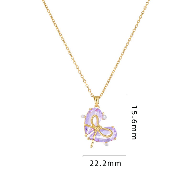 Dainty Gold Silver Tone Bowknot Heart CZ Pendant Necklace