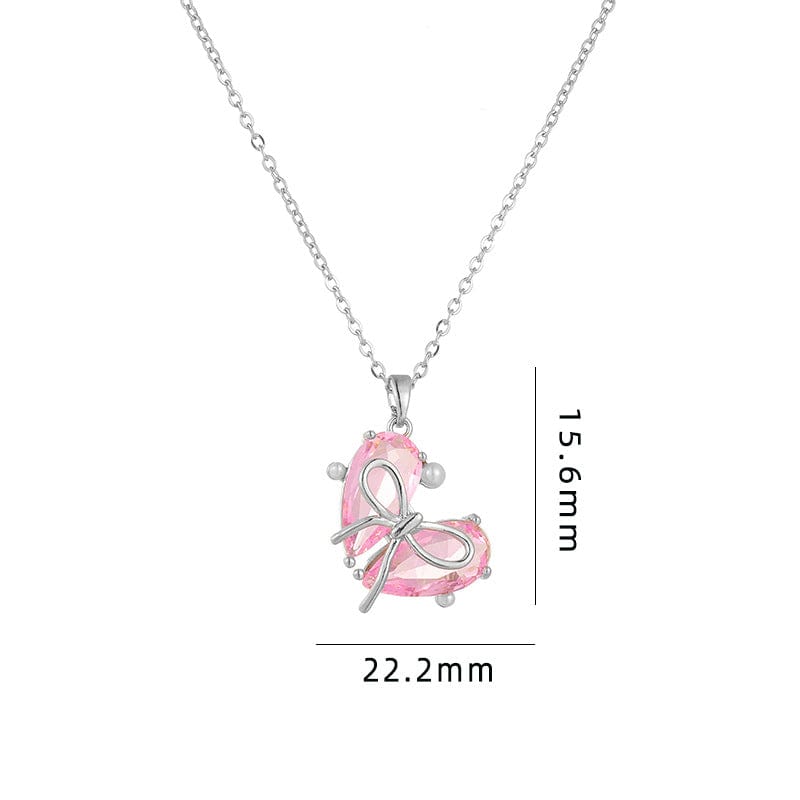 Dainty Gold Silver Tone Bowknot Heart CZ Pendant Necklace