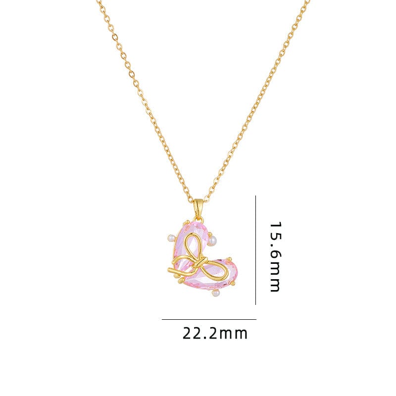 Dainty Gold Silver Tone Bowknot Heart CZ Pendant Necklace