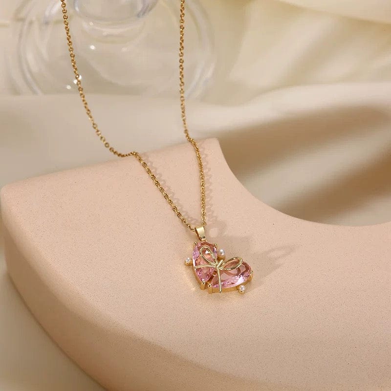 Dainty Gold Silver Tone Bowknot Heart CZ Pendant Necklace