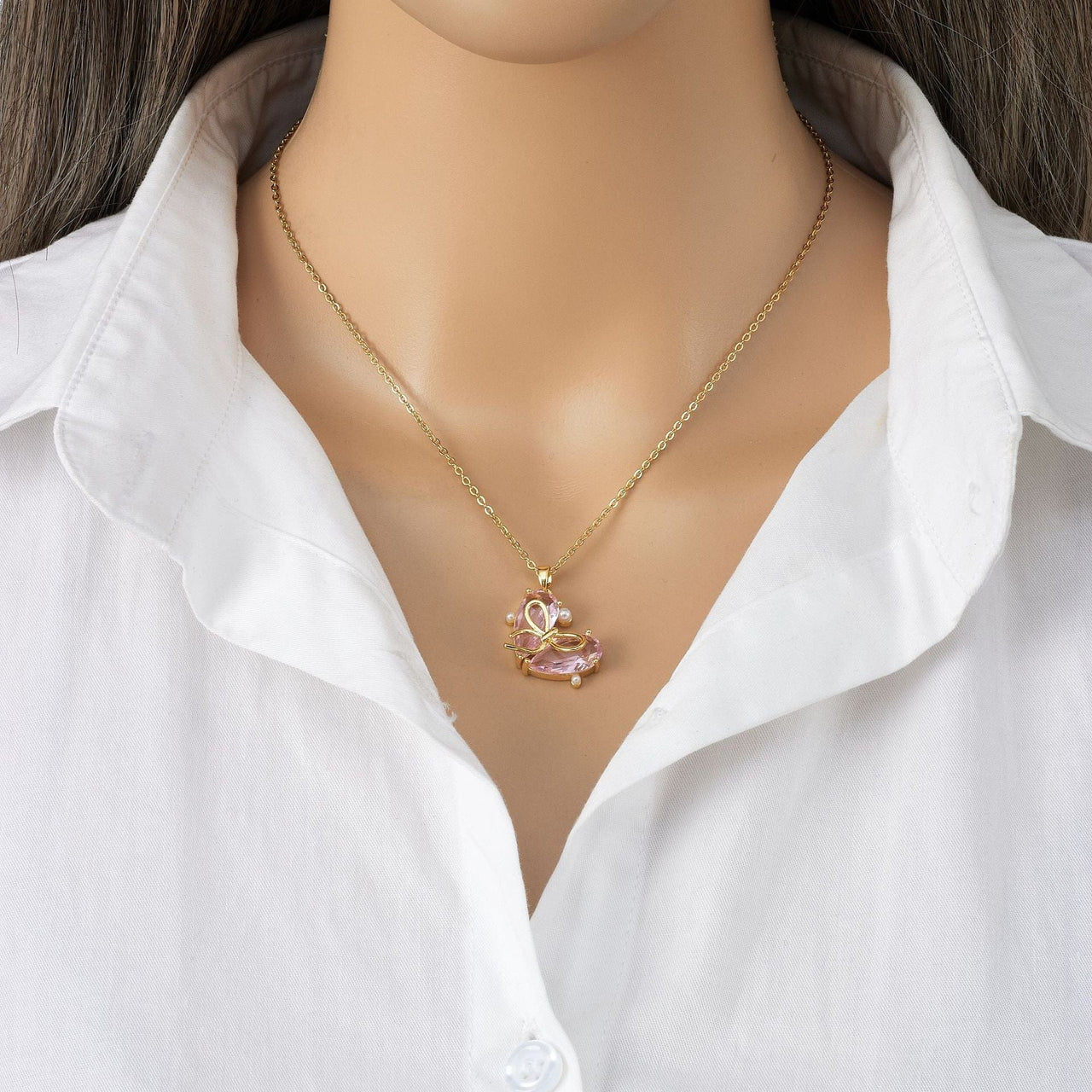 Dainty Gold Silver Tone Bowknot Heart CZ Pendant Necklace