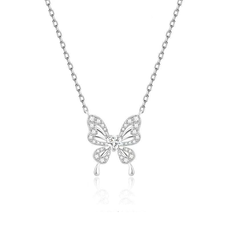 Dainty Heart CZ Inlaid Butterfly Pendant Cable Chain Necklace - ArtGalleryZen