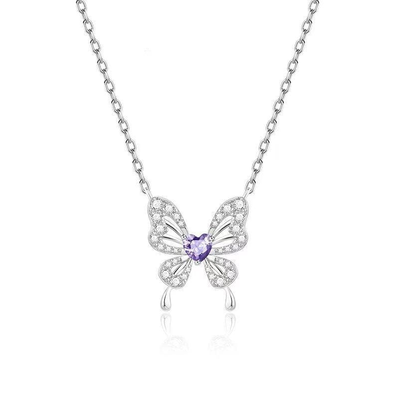 Dainty Heart CZ Inlaid Butterfly Pendant Cable Chain Necklace