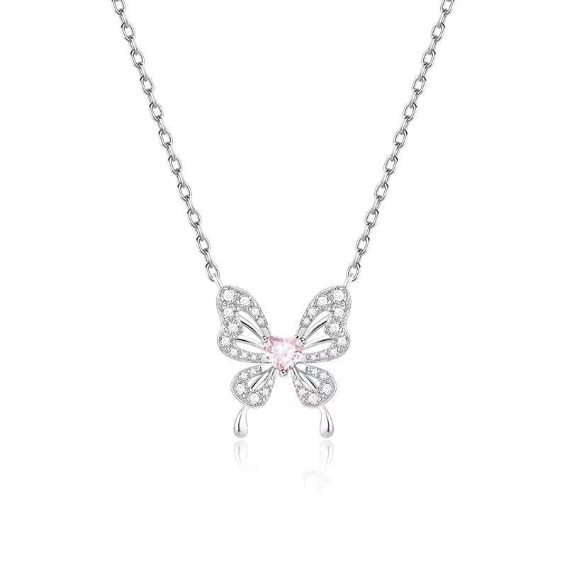 Dainty Heart CZ Inlaid Butterfly Pendant Cable Chain Necklace