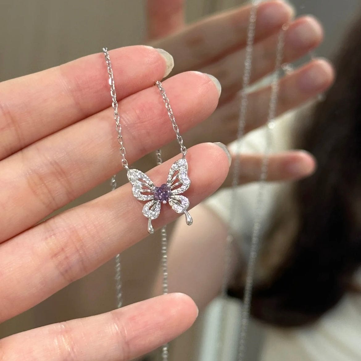 Dainty Heart CZ Inlaid Butterfly Pendant Cable Chain Necklace