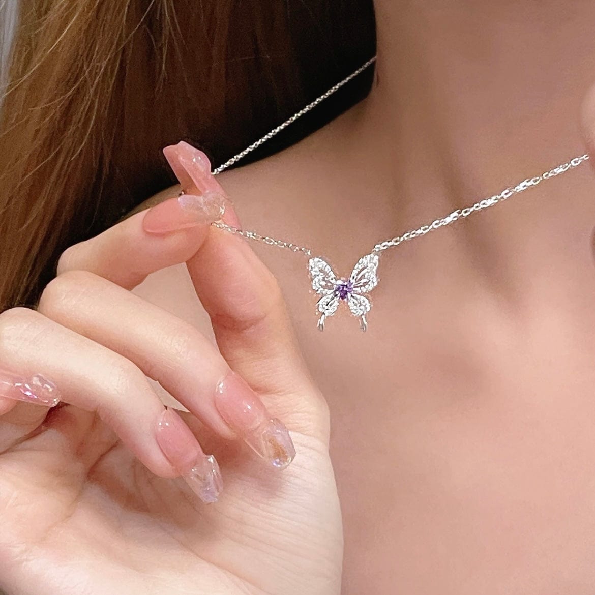 Dainty Heart CZ Inlaid Butterfly Pendant Cable Chain Necklace