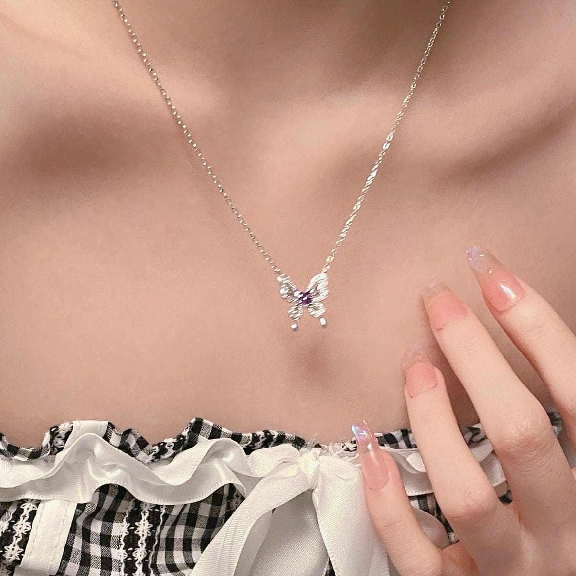 Dainty Heart CZ Inlaid Butterfly Pendant Cable Chain Necklace