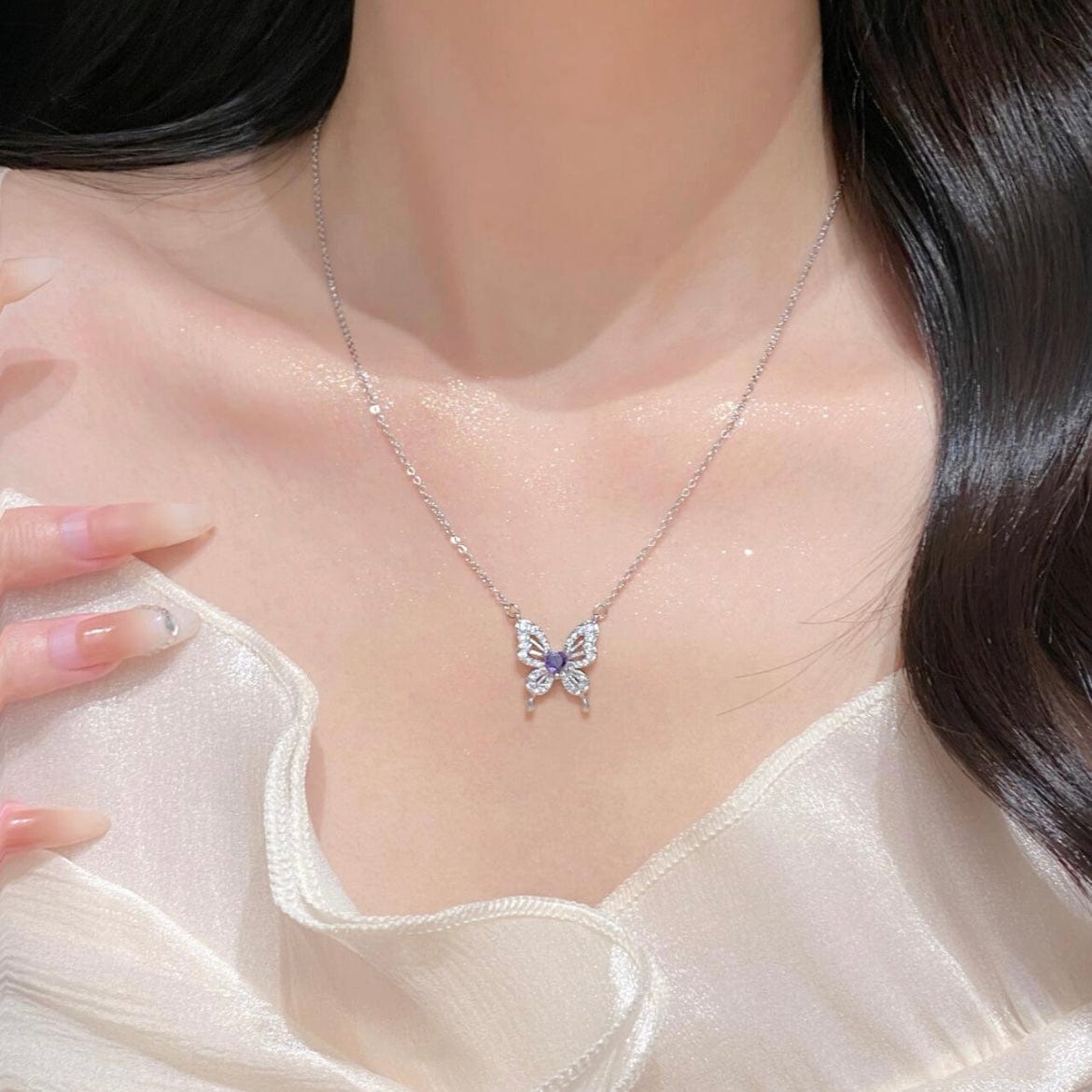 Dainty Heart CZ Inlaid Butterfly Pendant Cable Chain Necklace