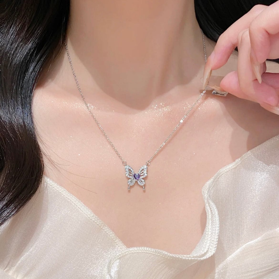 Dainty Heart CZ Inlaid Butterfly Pendant Cable Chain Necklace