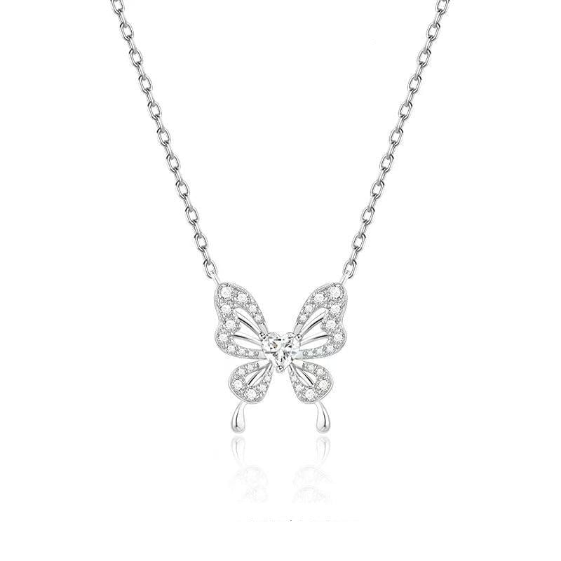 Dainty Heart CZ Inlaid Butterfly Pendant Cable Chain Necklace