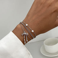 Thumbnail for Dainty Layered Bowknot Pendant Pearl Curb Chain Bracelet - ArtGalleryZen
