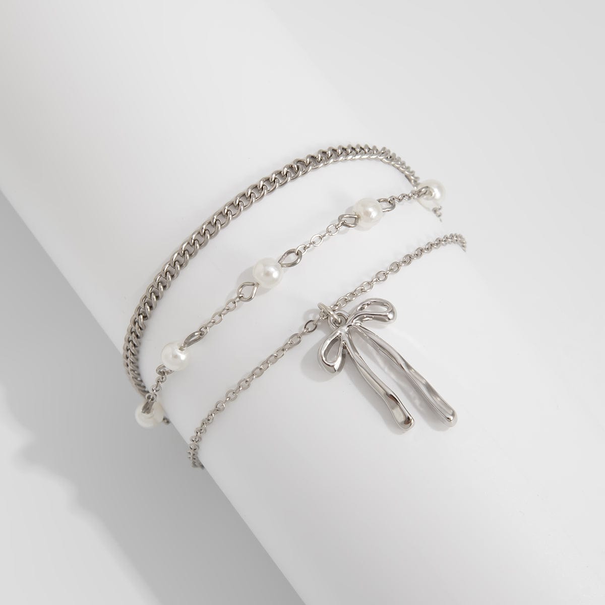 Dainty Layered Bowknot Pendant Pearl Curb Chain Bracelet - ArtGalleryZen