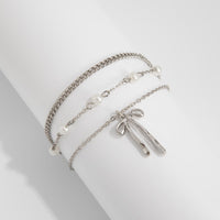 Thumbnail for Dainty Layered Bowknot Pendant Pearl Curb Chain Bracelet - ArtGalleryZen