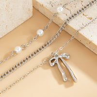 Thumbnail for Dainty Layered Bowknot Pendant Pearl Curb Chain Bracelet - ArtGalleryZen