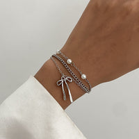 Thumbnail for Dainty Layered Bowknot Pendant Pearl Curb Chain Bracelet - ArtGalleryZen