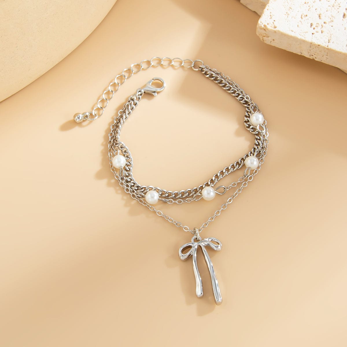 Dainty Layered Bowknot Pendant Pearl Curb Chain Bracelet - ArtGalleryZen