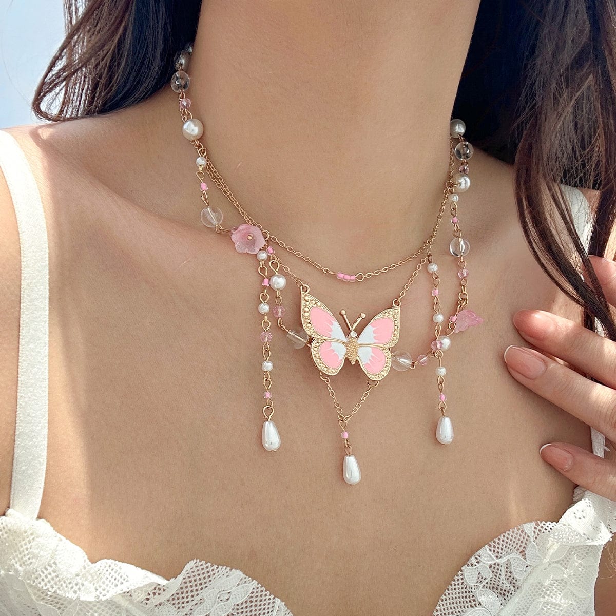 Dainty Layered Enamel Butterfly Crystal Charm Pearl Tassel Necklace