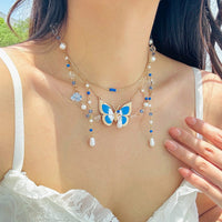 Thumbnail for Dainty Layered Enamel Butterfly Crystal Charm Pearl Tassel Necklace