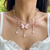 Thumbnail for Dainty Layered Enamel Butterfly Crystal Charm Pearl Tassel Necklace