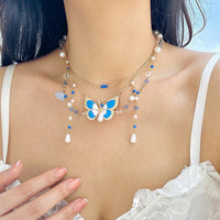 Thumbnail for Dainty Layered Enamel Butterfly Crystal Charm Pearl Tassel Necklace