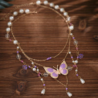 Thumbnail for Dainty Layered Enamel Butterfly Crystal Charm Pearl Tassel Necklace