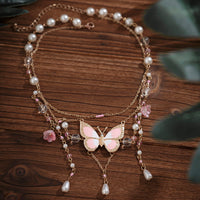 Thumbnail for Dainty Layered Enamel Butterfly Crystal Charm Pearl Tassel Necklace