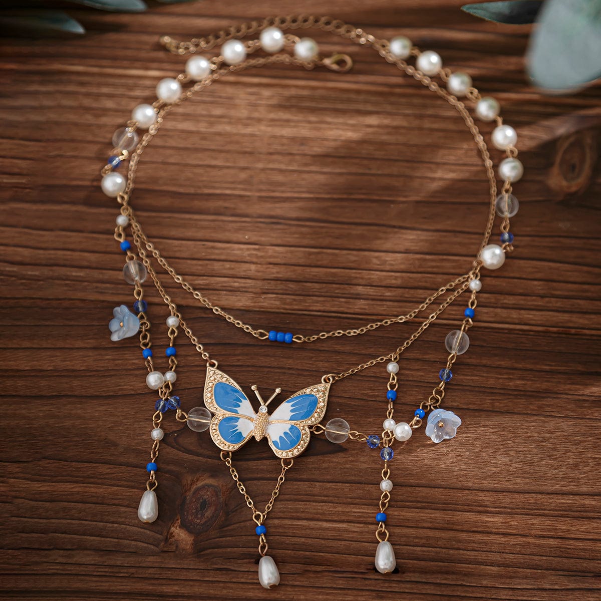 Dainty Layered Enamel Butterfly Crystal Charm Pearl Tassel Necklace