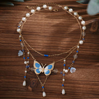 Thumbnail for Dainty Layered Enamel Butterfly Crystal Charm Pearl Tassel Necklace