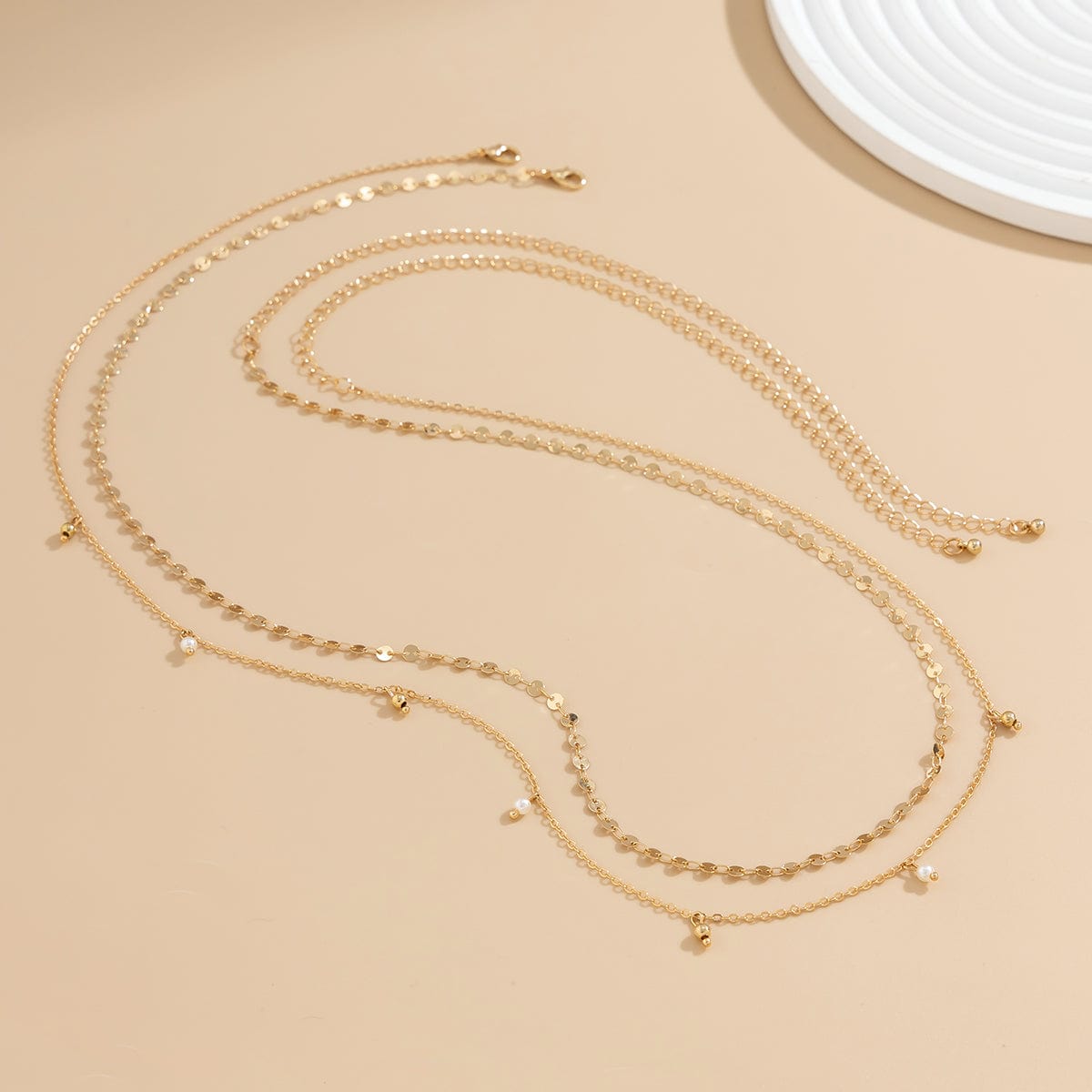 Dainty Layered Pearl Ball Tassel Curb Belly Chain Set