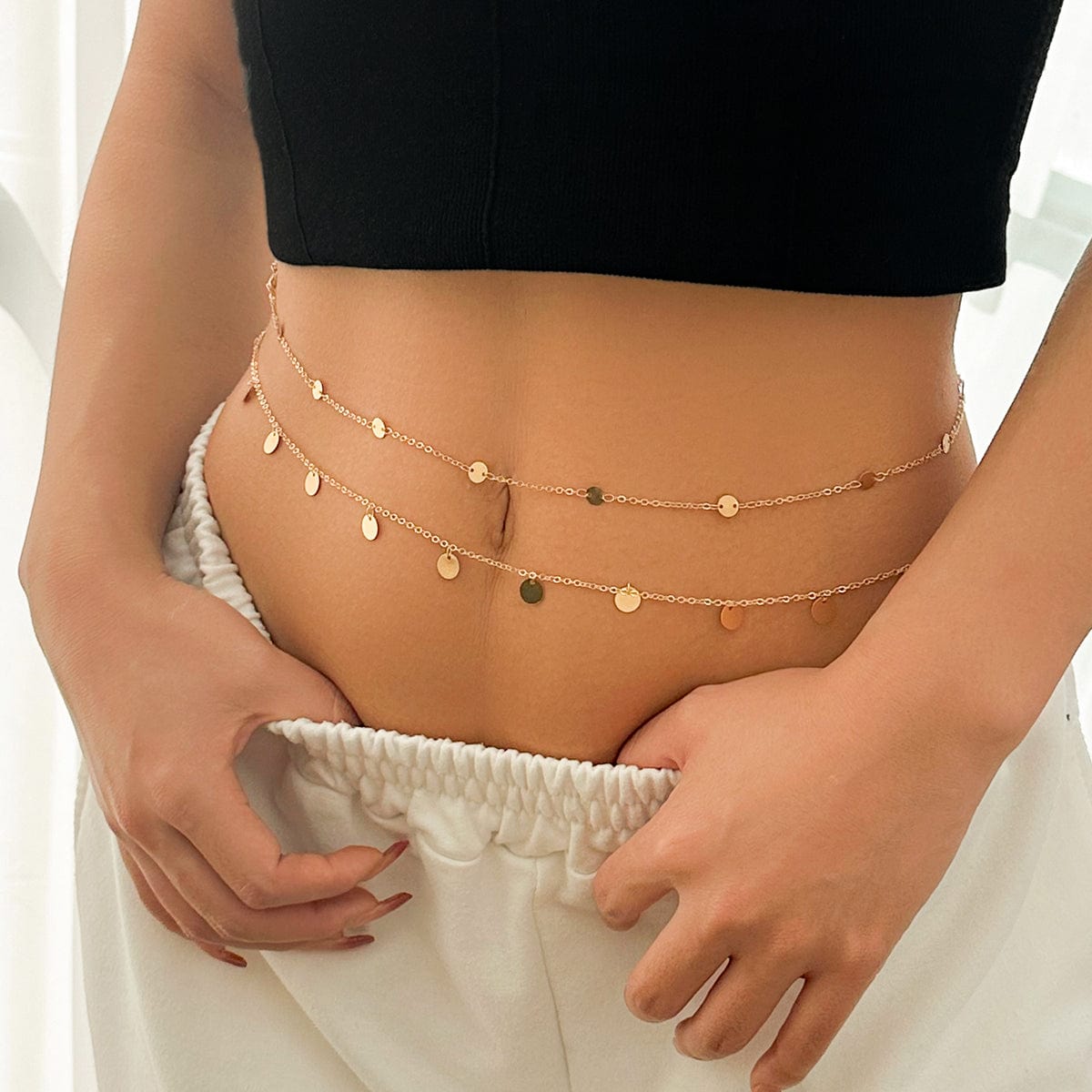 Dainty Layered Sequin Tassel Saturn Belly Chain Set