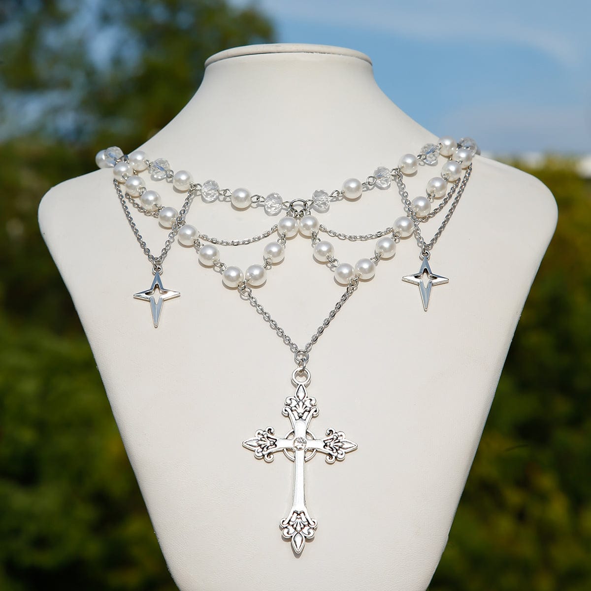 Dainty Layered Star Cross Pendant Pearl Crystal Chain Necklace - ArtGalleryZen