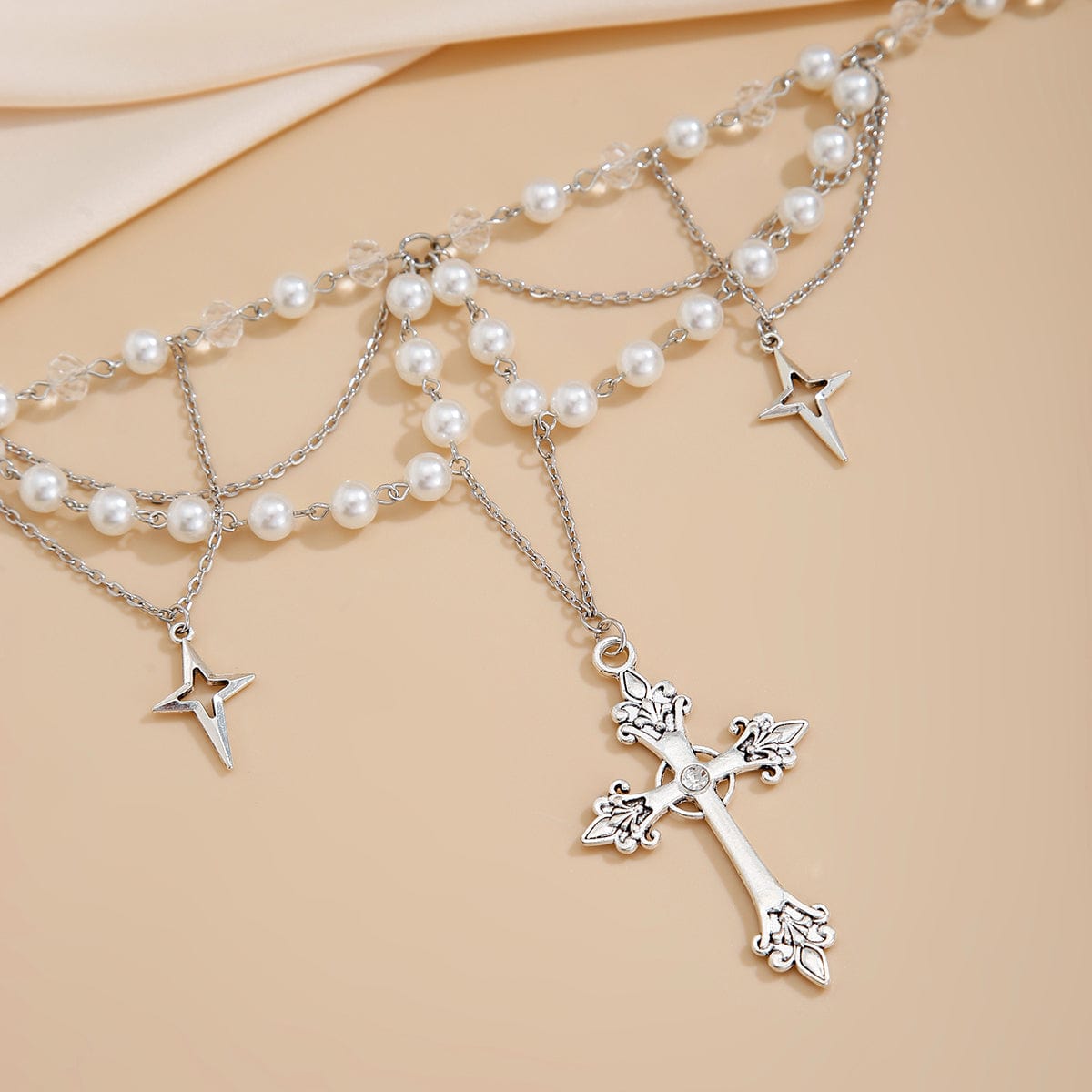 Dainty Layered Star Cross Pendant Pearl Crystal Chain Necklace - ArtGalleryZen
