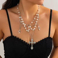 Thumbnail for Dainty Layered Star Cross Pendant Pearl Crystal Chain Necklace - ArtGalleryZen