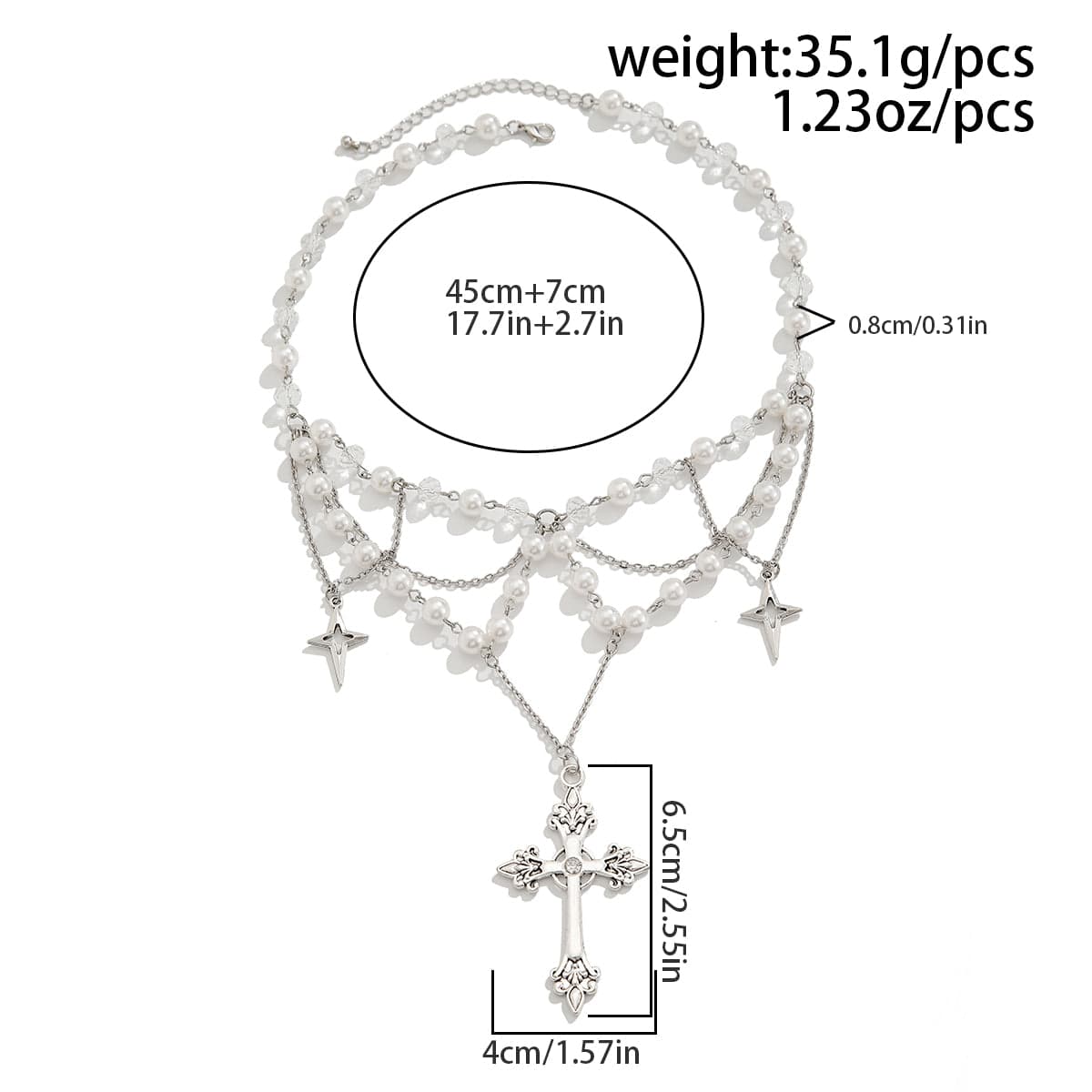 Dainty Layered Star Cross Pendant Pearl Crystal Chain Necklace - ArtGalleryZen