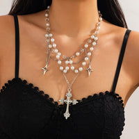 Thumbnail for Dainty Layered Star Cross Pendant Pearl Crystal Chain Necklace - ArtGalleryZen