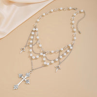 Thumbnail for Dainty Layered Star Cross Pendant Pearl Crystal Chain Necklace - ArtGalleryZen