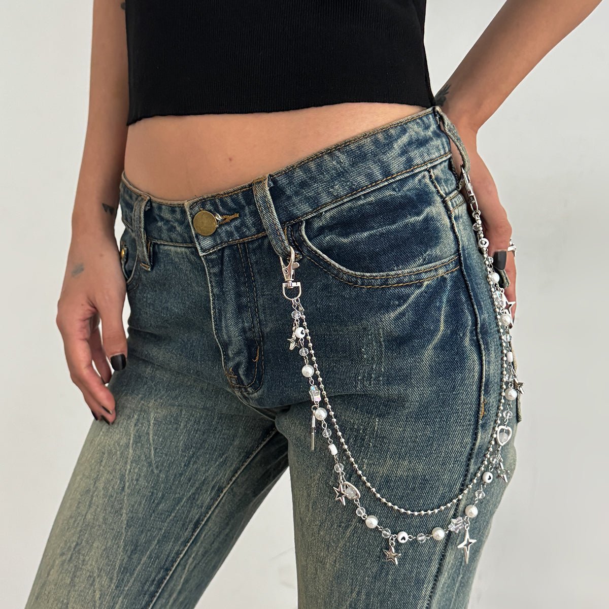 Dainty Layered Star Pendant Pearl Trouser Chain - ArtGalleryZen