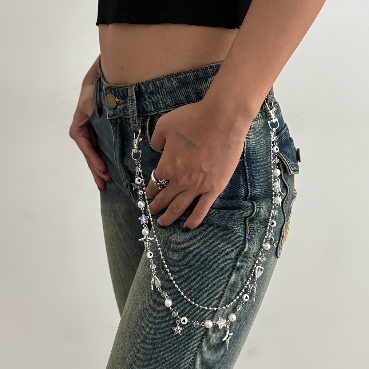 Dainty Layered Star Pendant Pearl Trouser Chain - ArtGalleryZen