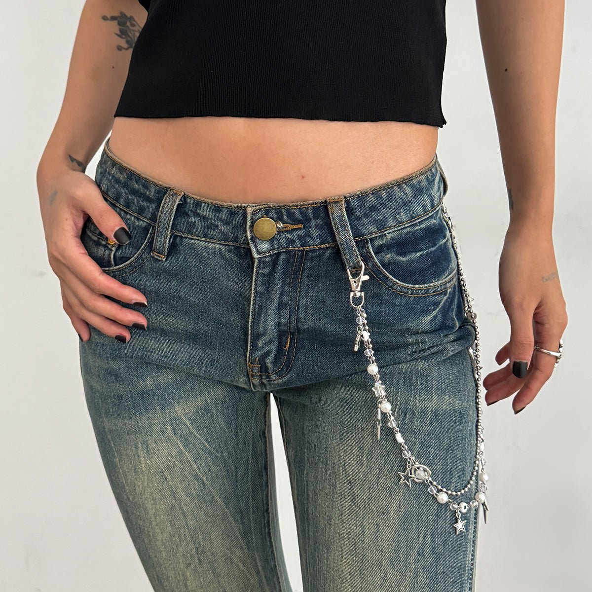 Dainty Layered Star Pendant Pearl Trouser Chain - ArtGalleryZen