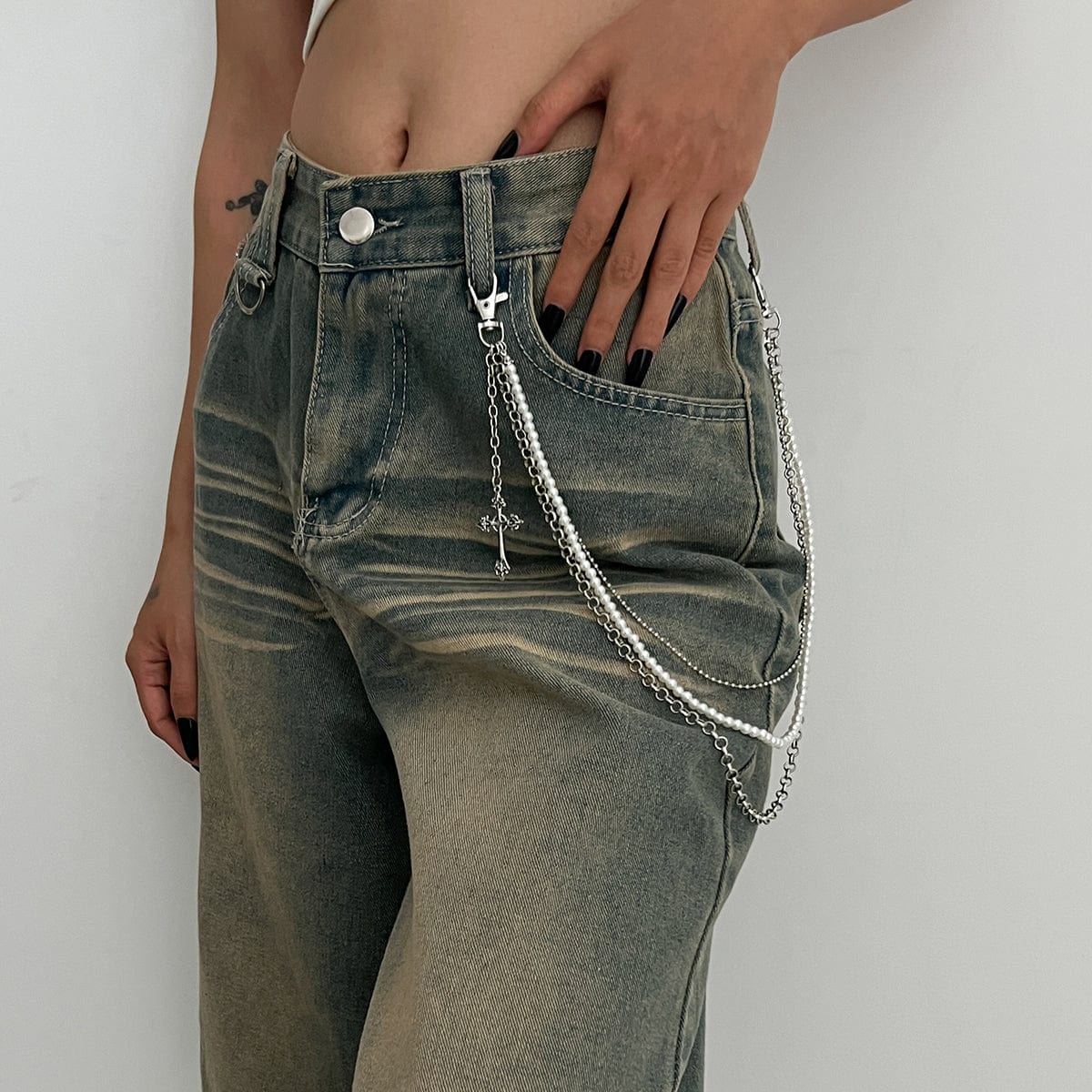 Dainty Layering Cross Pendant Pearl Trouser Chain - ArtGalleryZen