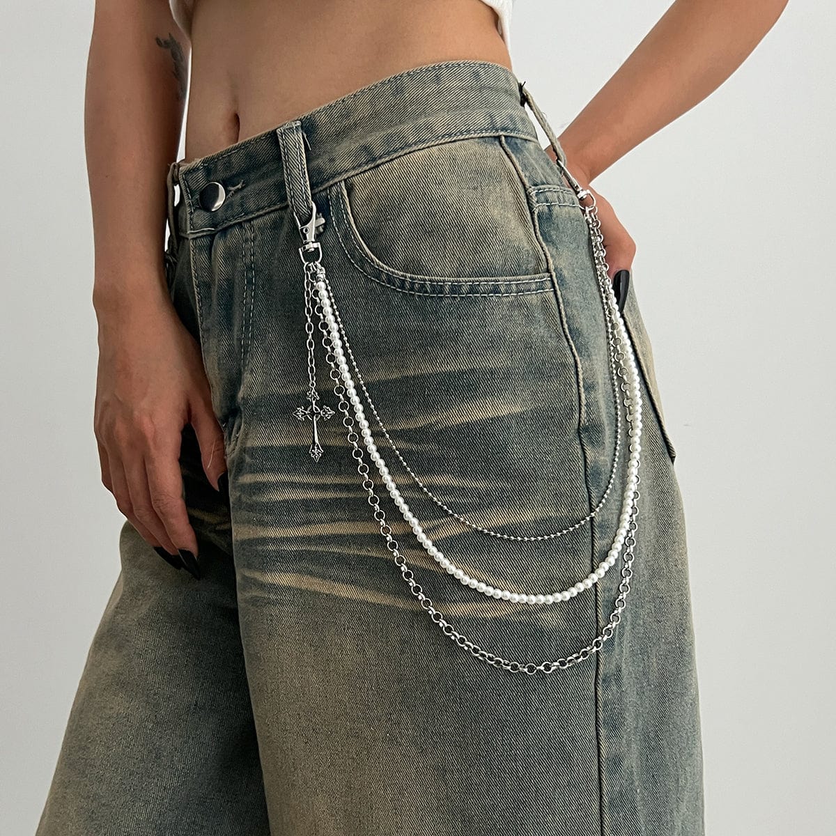 Dainty Layering Cross Pendant Pearl Trouser Chain - ArtGalleryZen
