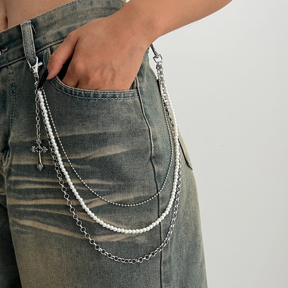 Dainty Layering Cross Pendant Pearl Trouser Chain - ArtGalleryZen