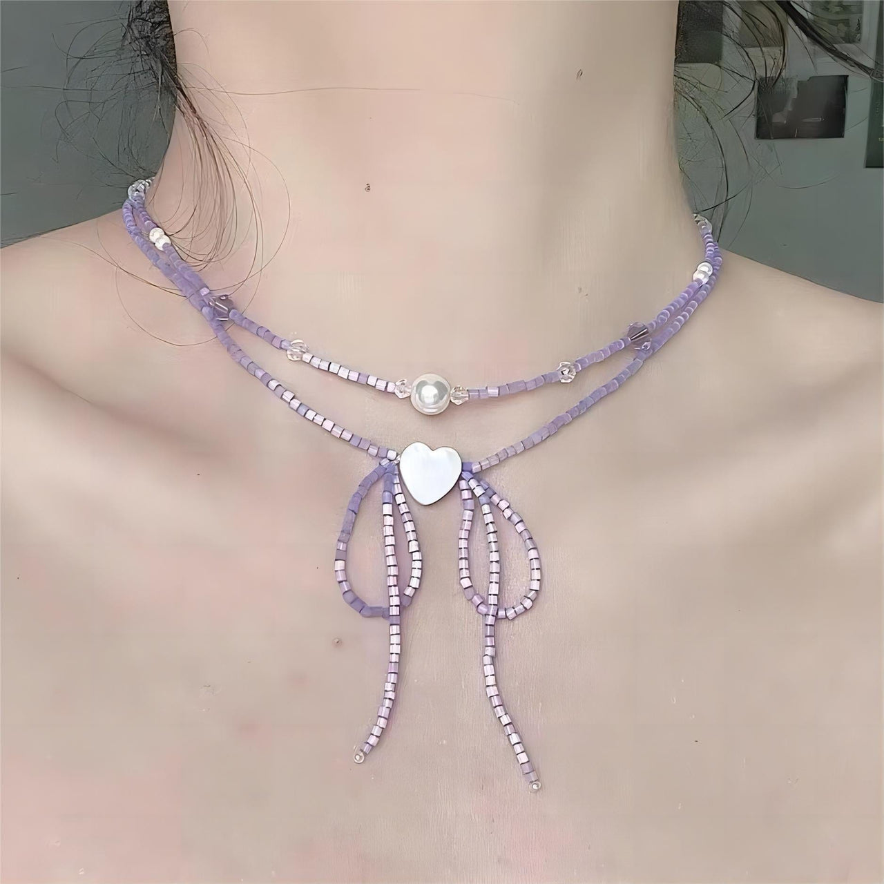 Dainty Pearl Charm Seed Beaded Heart Ribbon Choker Necklace - ArtGalleryZen