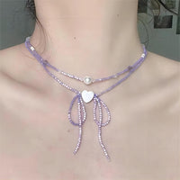 Thumbnail for Dainty Pearl Charm Seed Beaded Heart Ribbon Choker Necklace - ArtGalleryZen