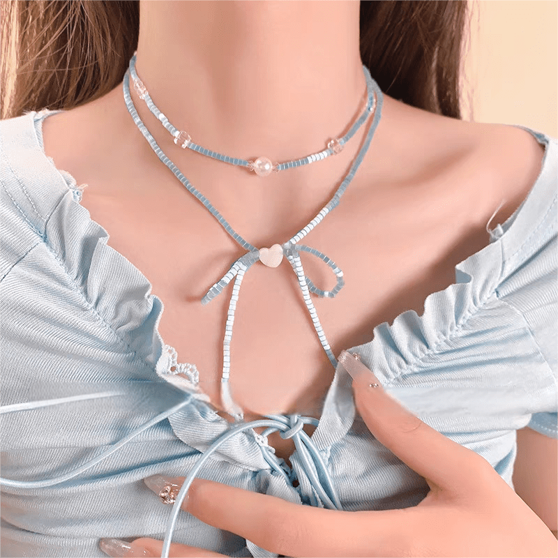 Dainty Pearl Charm Seed Beaded Heart Ribbon Choker Necklace - ArtGalleryZen