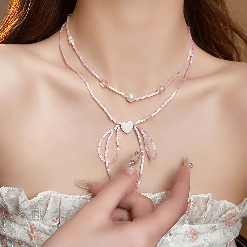 Dainty Pearl Charm Seed Beaded Heart Ribbon Choker Necklace - ArtGalleryZen