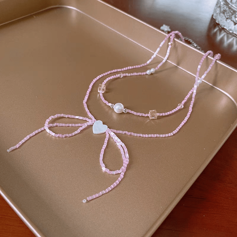 Dainty Pearl Charm Seed Beaded Heart Ribbon Choker Necklace - ArtGalleryZen