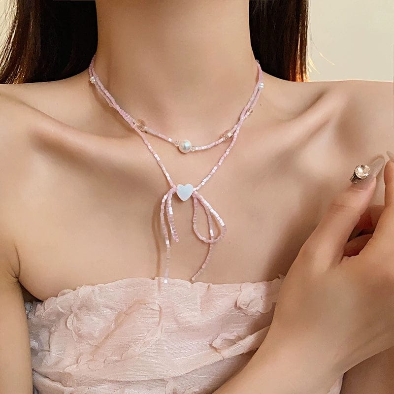 Dainty Pearl Charm Seed Beaded Heart Ribbon Choker Necklace - ArtGalleryZen